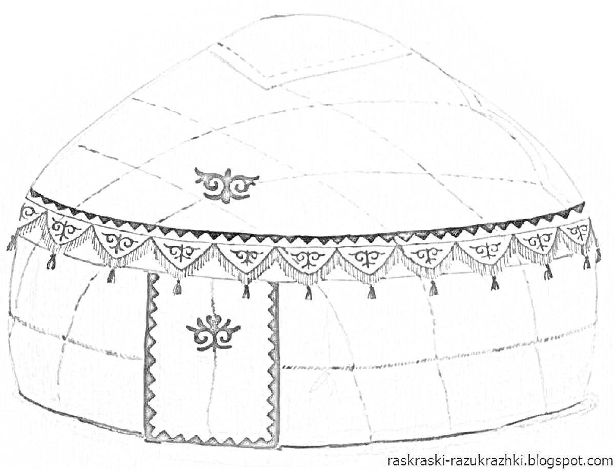 На раскраске изображено: Киіз үй, Юрта, Традиционное жилище, Декоративные элементы, Дом, Кочевники