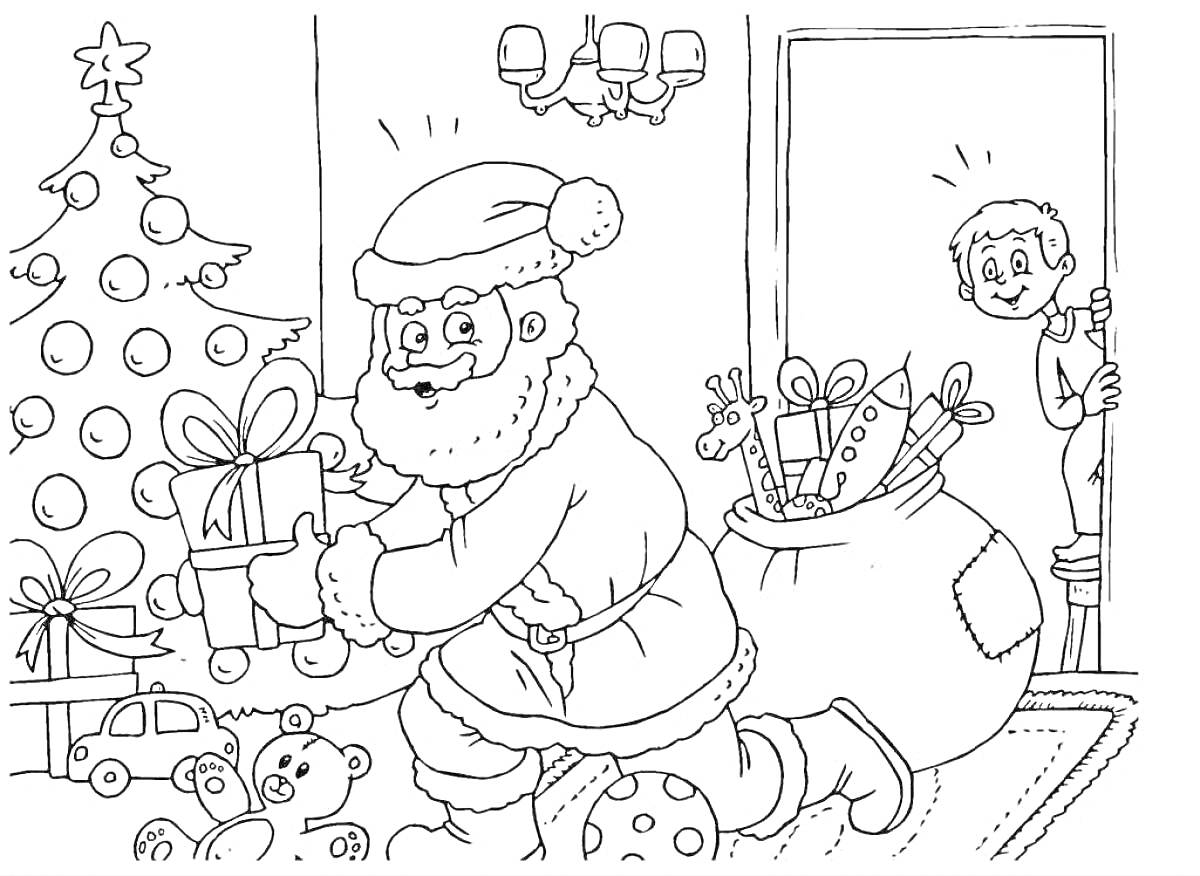 На раскраске изображено: Дед Мороз, Подарки, Ребёнок, Новогодняя ёлка, Игрушки, Комната, Мешок с подарками, Елки, Праздники