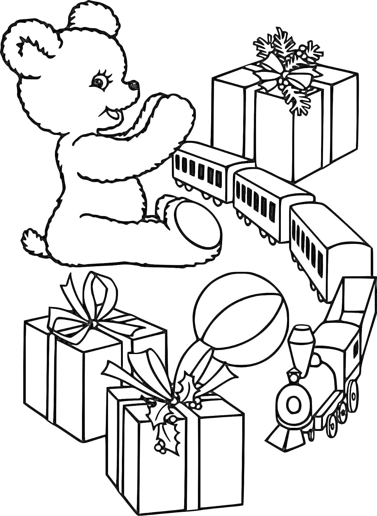 На раскраске изображено: Мишка, Поезд, Мяч, Подарки, Игрушки, Сюрприз