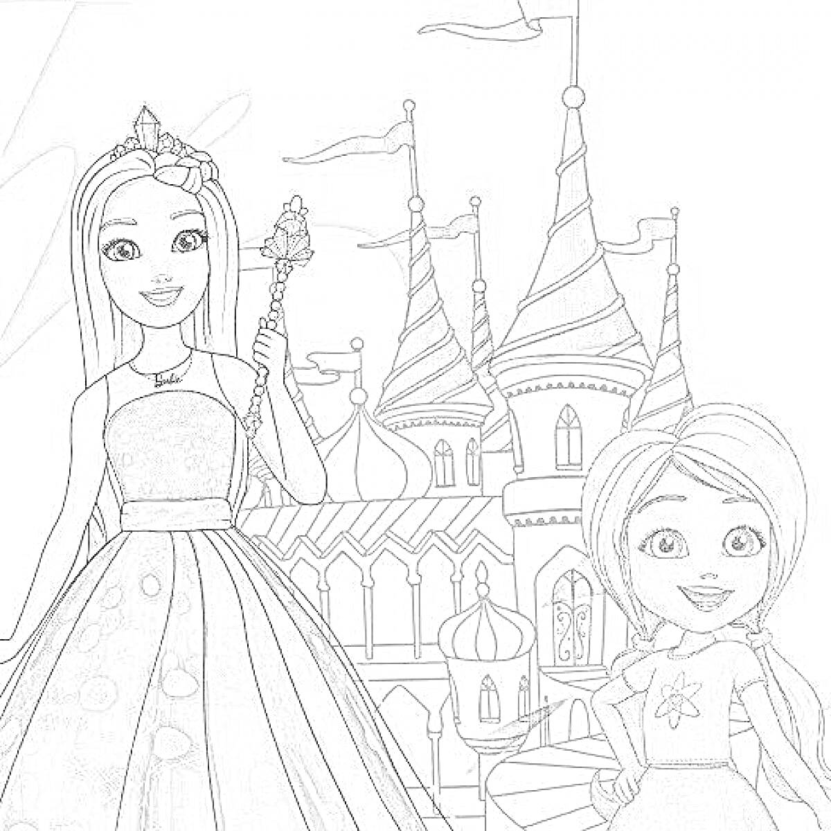 На раскраске изображено: Барби, Замок, Девочка, Из сказок, Игра, Принцесса