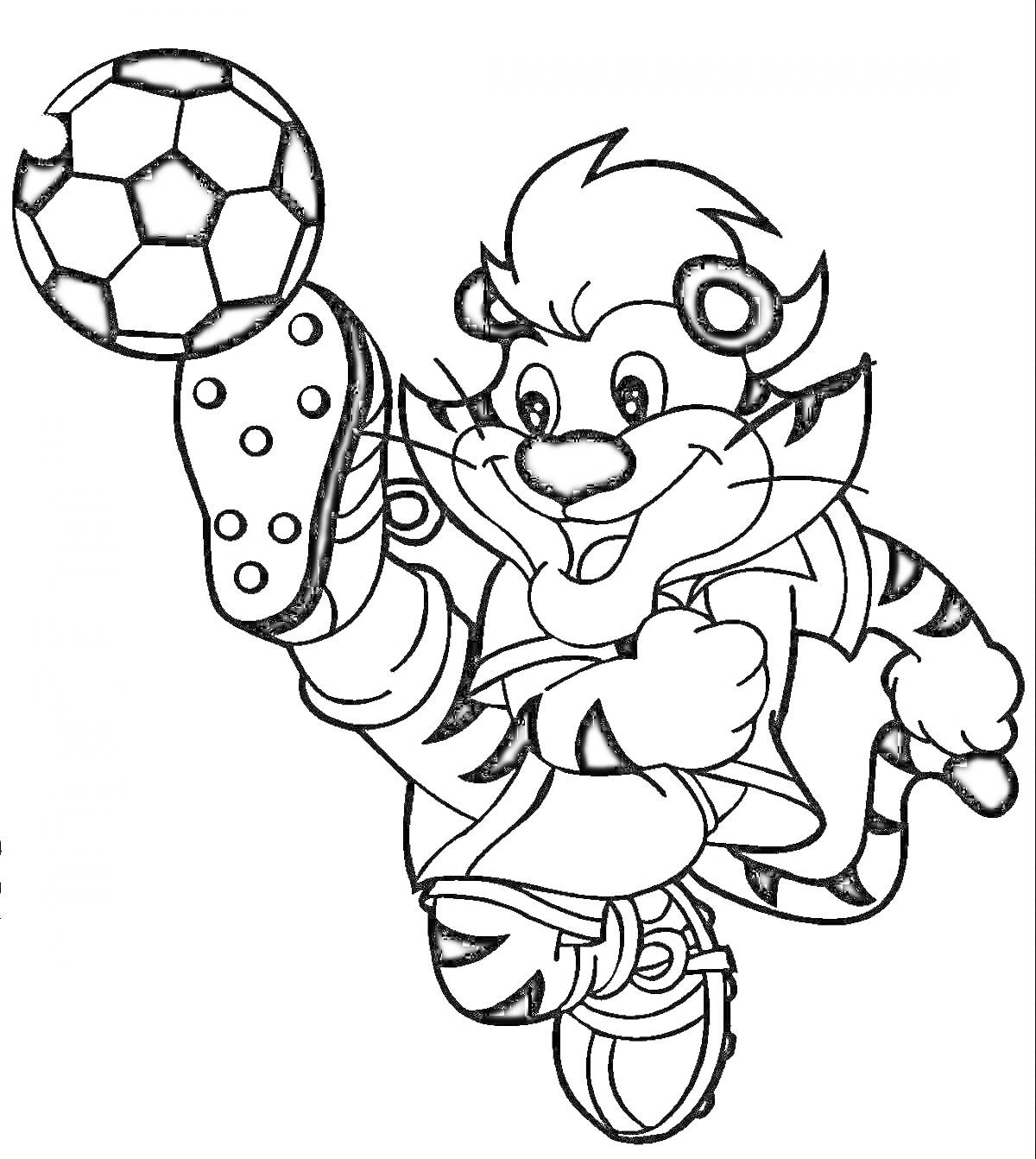 Раскраска Тигр в спортивной форме со счастливыми выражением лица, подбрасывающий футбольный мяч ногой