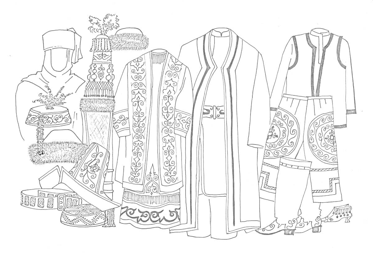 На раскраске изображено: Одежда, Традиционные костюмы, Национальная одежда, Узоры, Шапка, Обувь, Халат, Жилет, Штаны