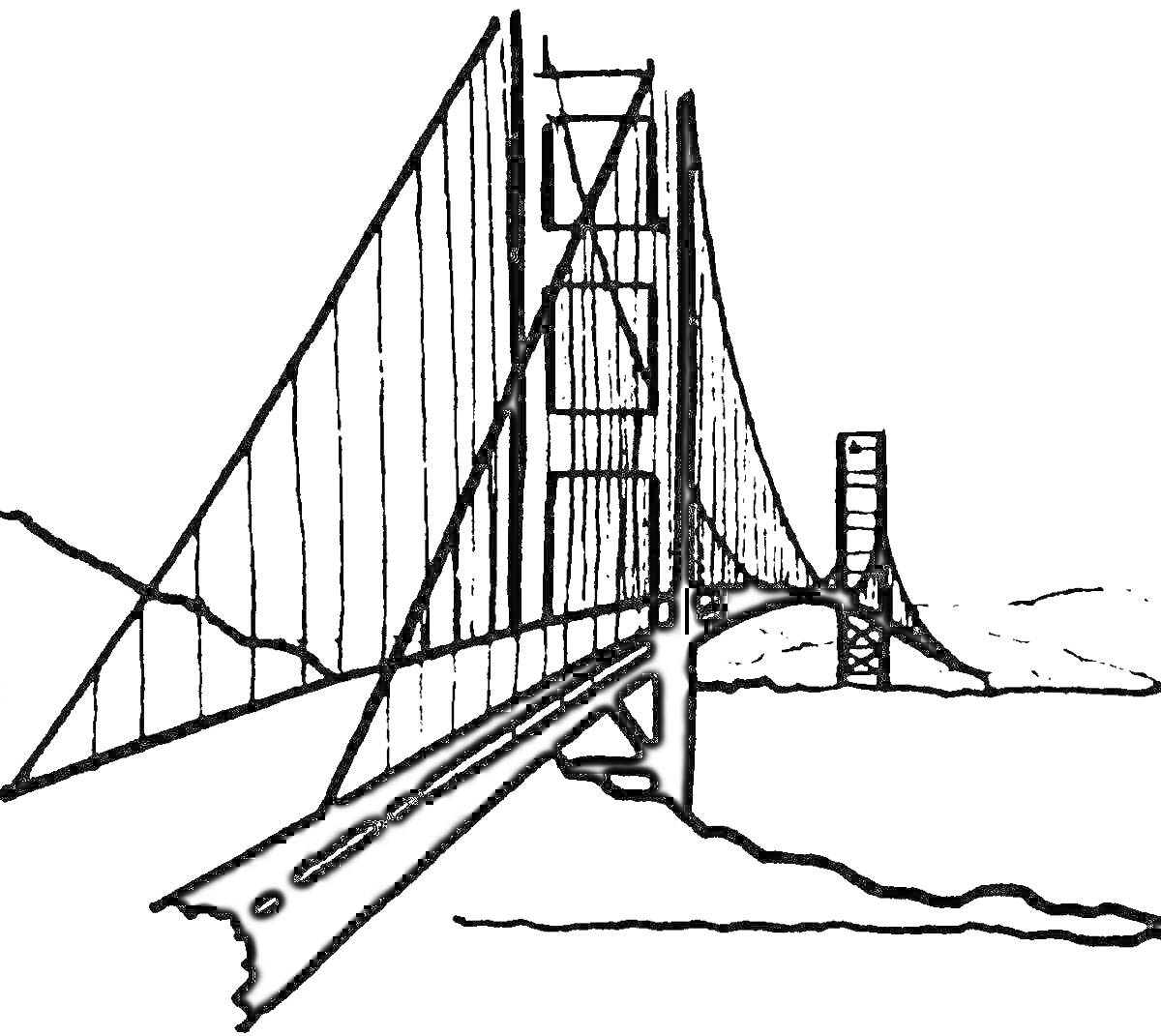 Раскраска Мост Золотые ворота на фоне холмов