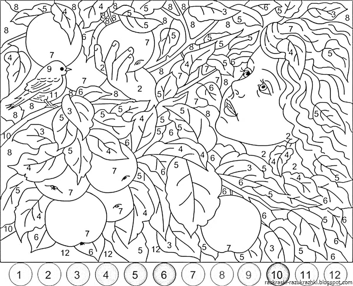 Раскраска Женщина среди яблок и листвы с птицей