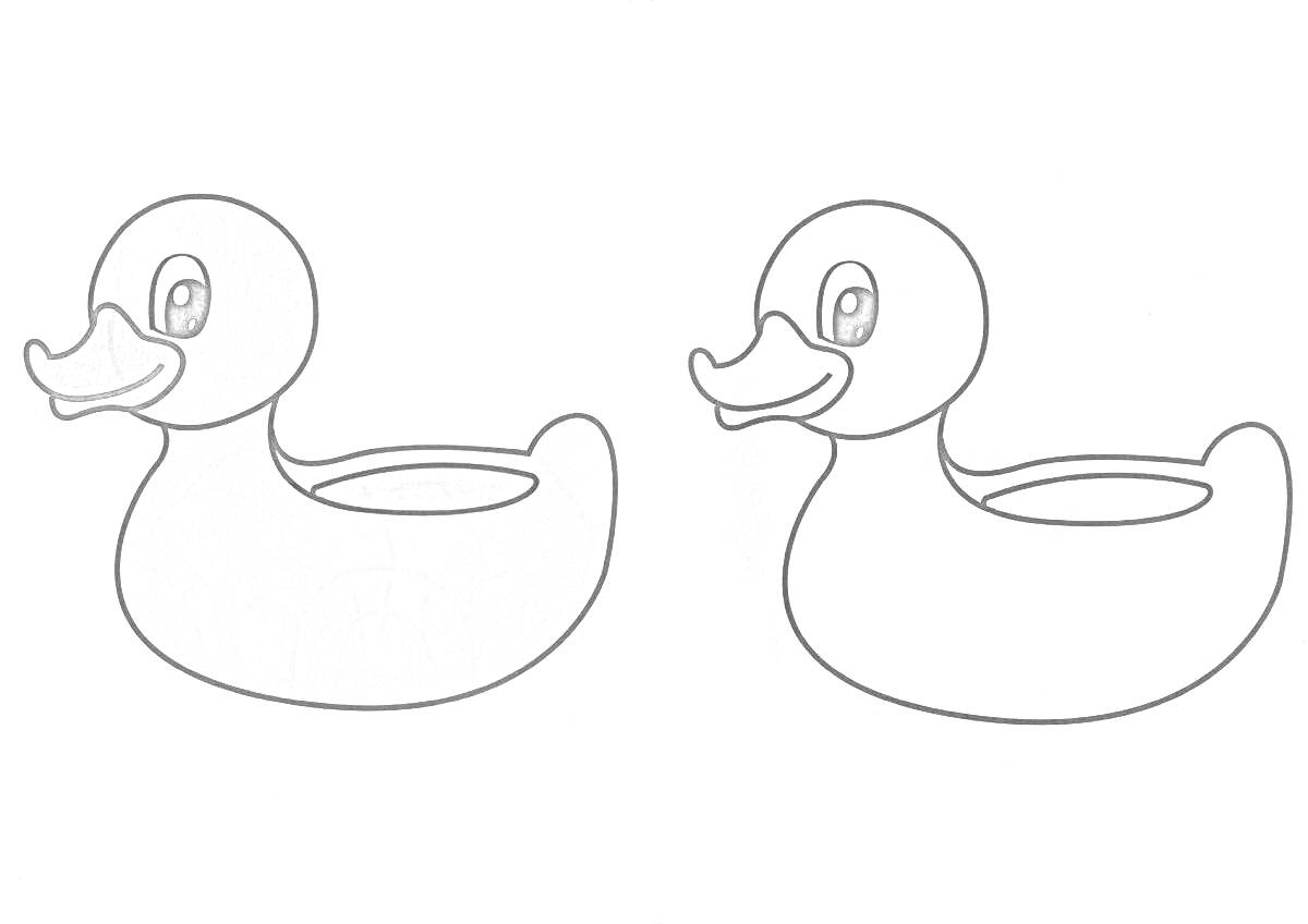 Раскраска Раскраска с изображением двух уточек лалафан: одна раскрашенная, другая черно-белая для раскрашивания