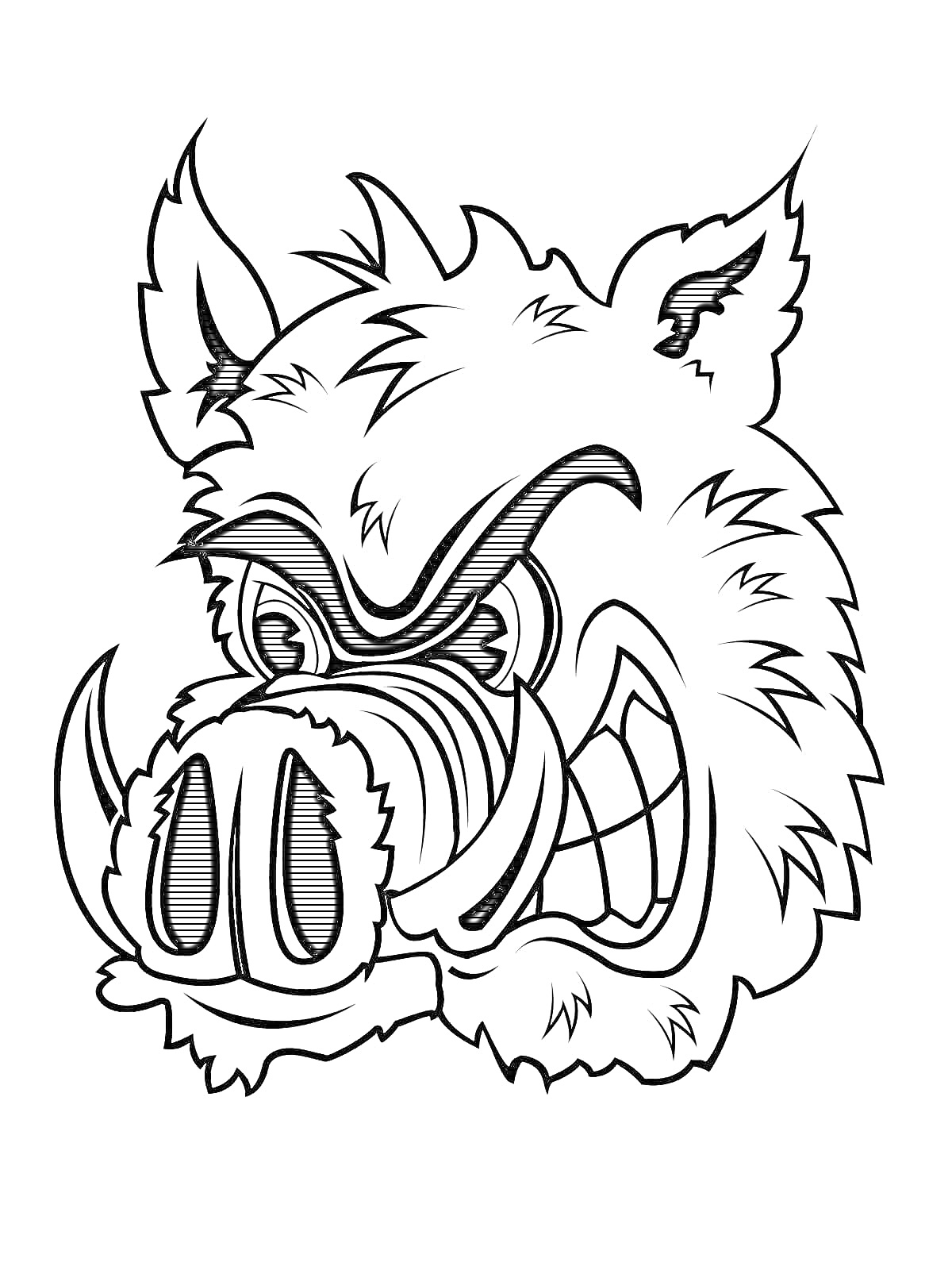 Раскраска Кабан в мультяшном стиле с острыми клыками и злыми глазами