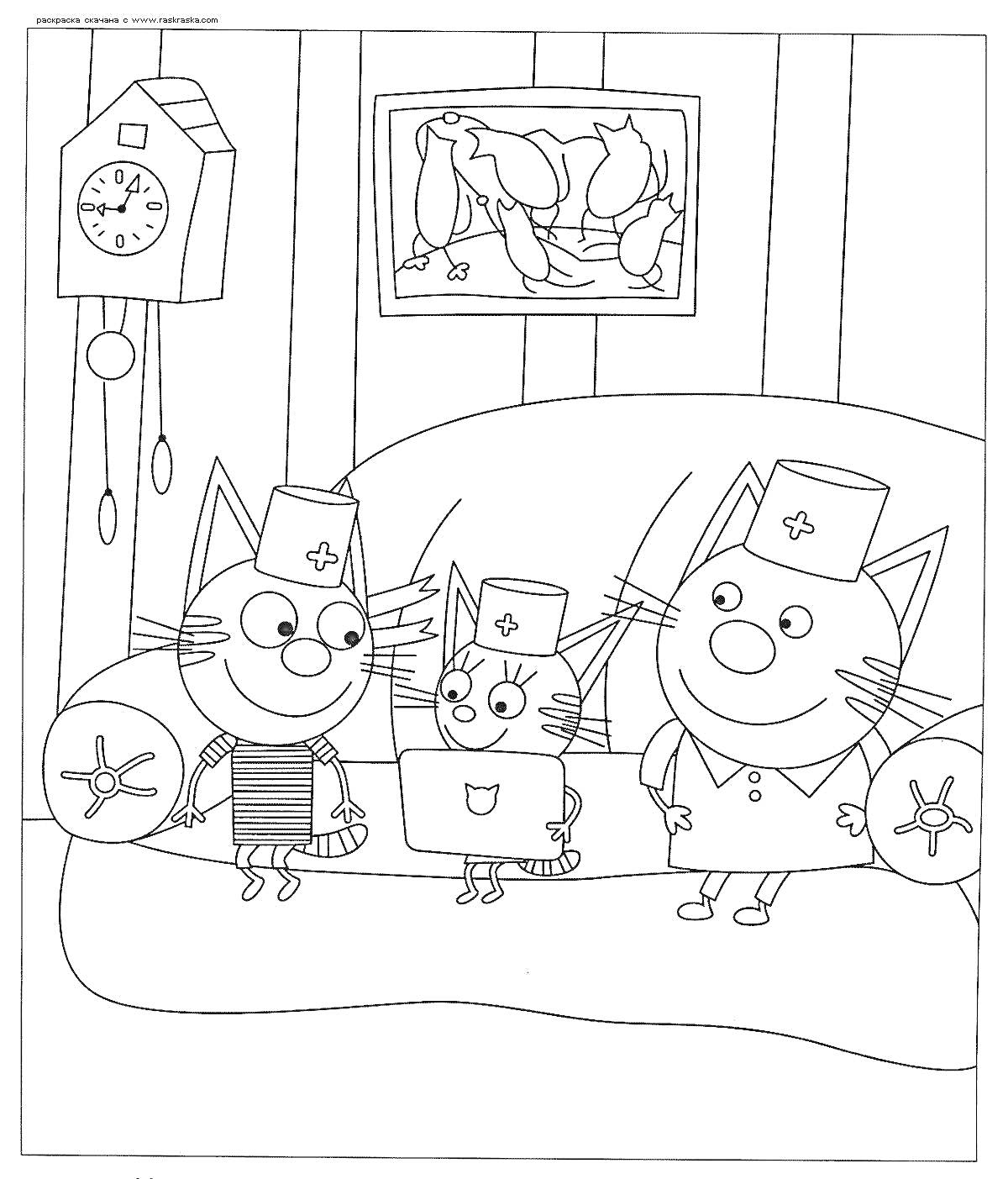 На раскраске изображено: Три кота, Ноутбук, Диван, Часы, Окружение, Супергерои