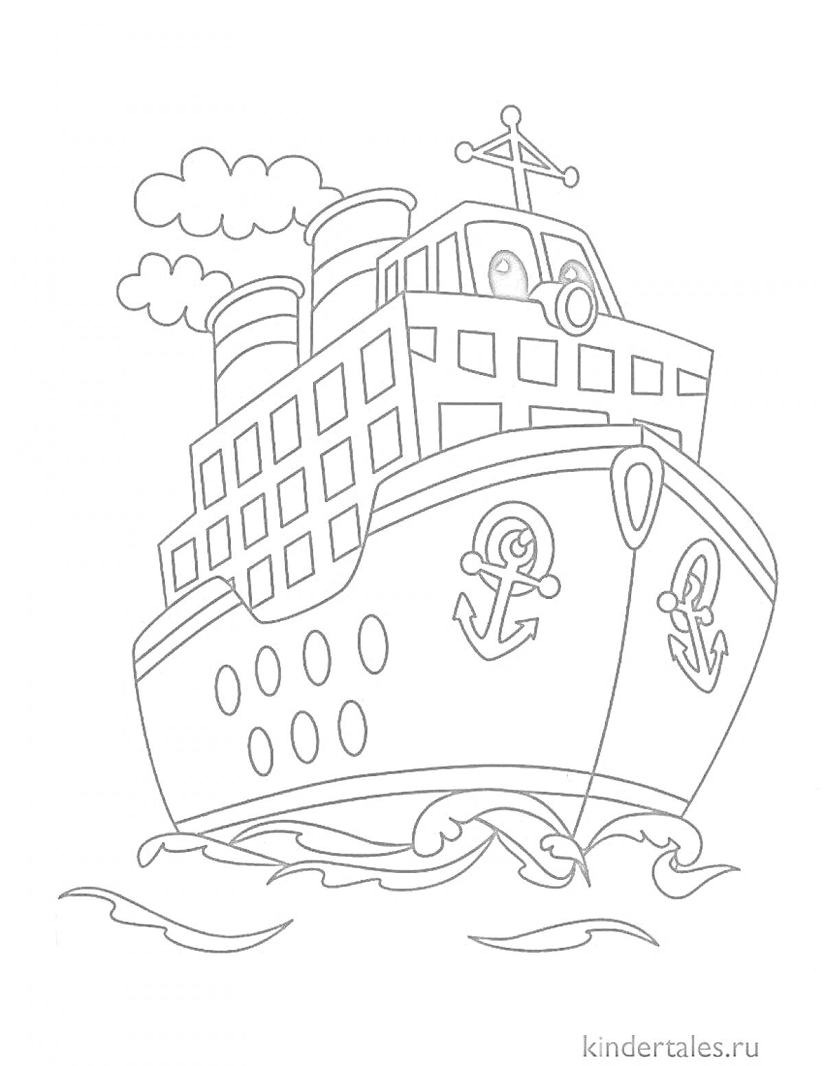 На раскраске изображено: Корабль, Дым, Облака, Иллюминаторы, Волны, Транспорт