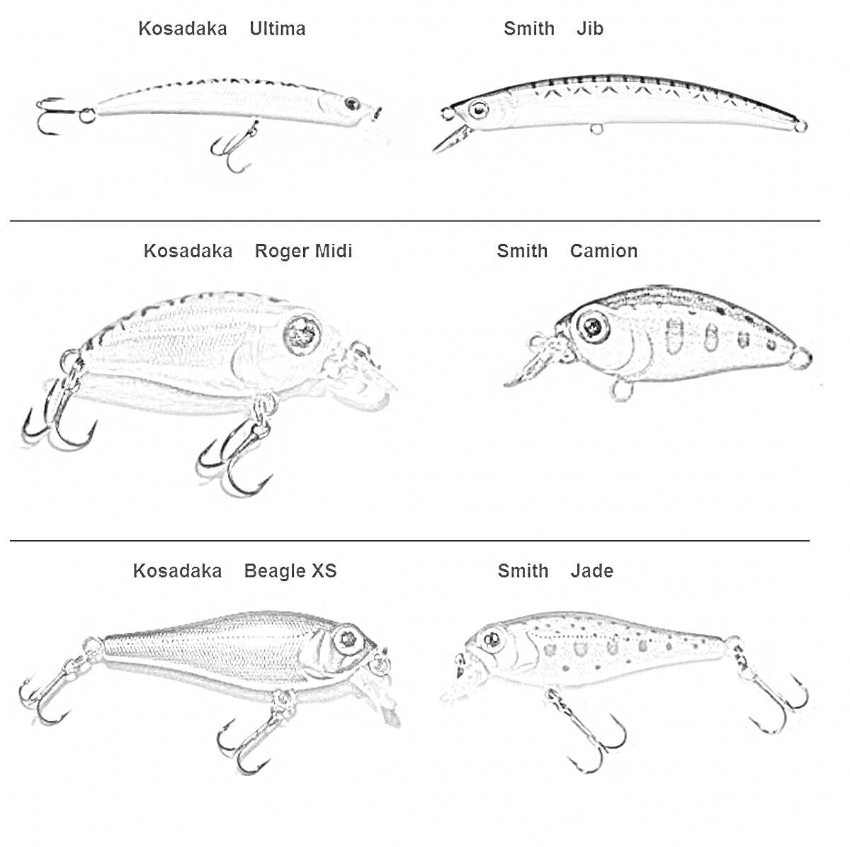 Воблеры Kosadaka Ultima, Smith Jib, Kosadaka Roger Midi, Smith Camion, Kosadaka Beagle XS, Smith Jade. Изображение включает шесть различных воблеров. У каждого воблера есть крючки и уникальная форма тела.