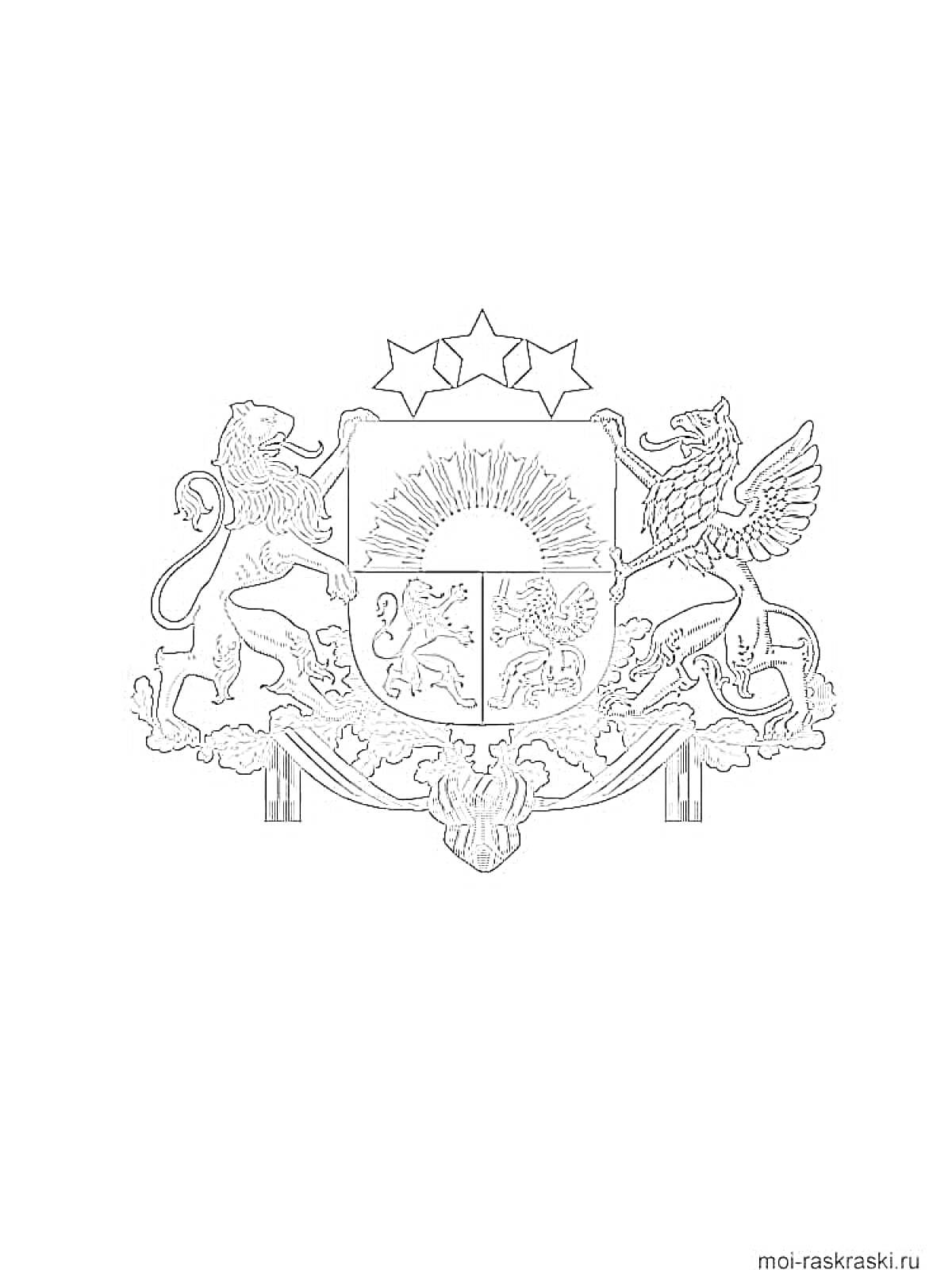 Раскраска Герб с солнцем, львом, грифоном, тремя звездами и щитом с изображением оленя, льва и рыбы
