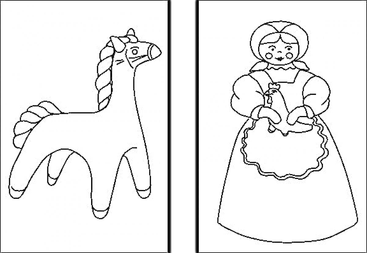 На раскраске изображено: Дымковская игрушка, Барышня, Петух, Народное искусство, Для детей, 1 класс, Изобразительное искусство
