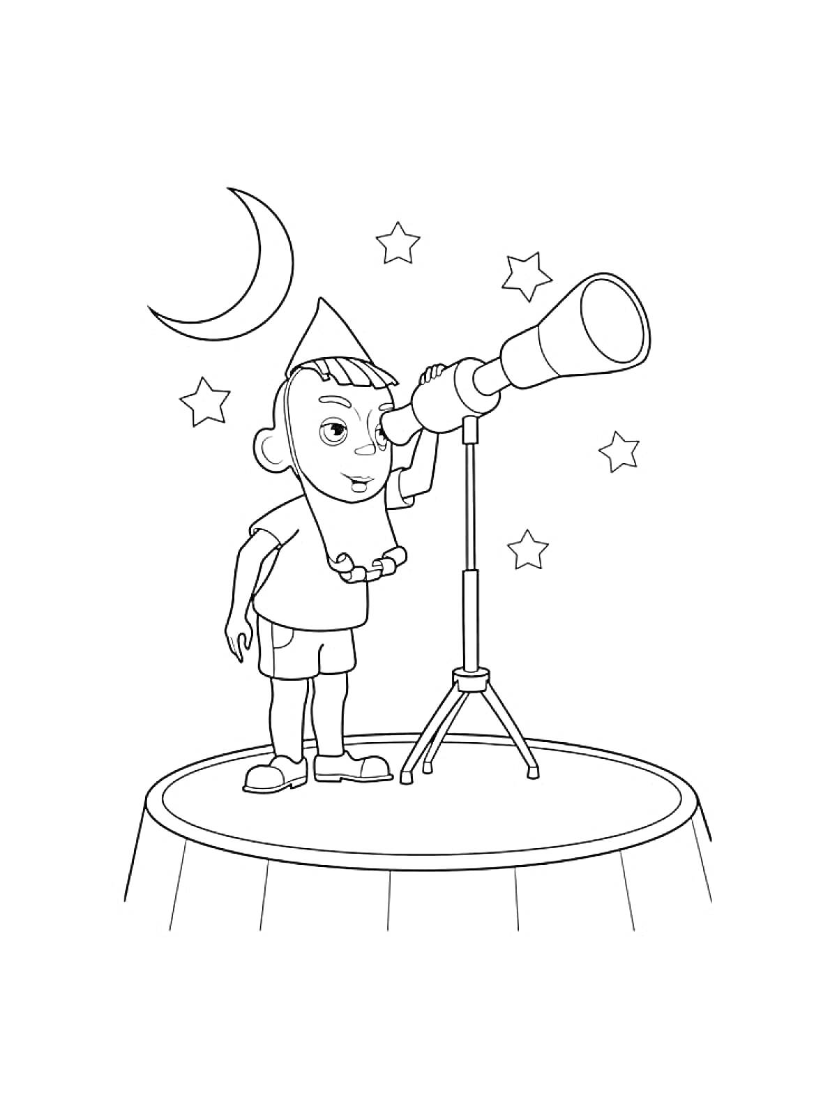 Раскраска Ребенок в колпаке смотрит в телескоп ночью на луне с пятью звездами на фоне