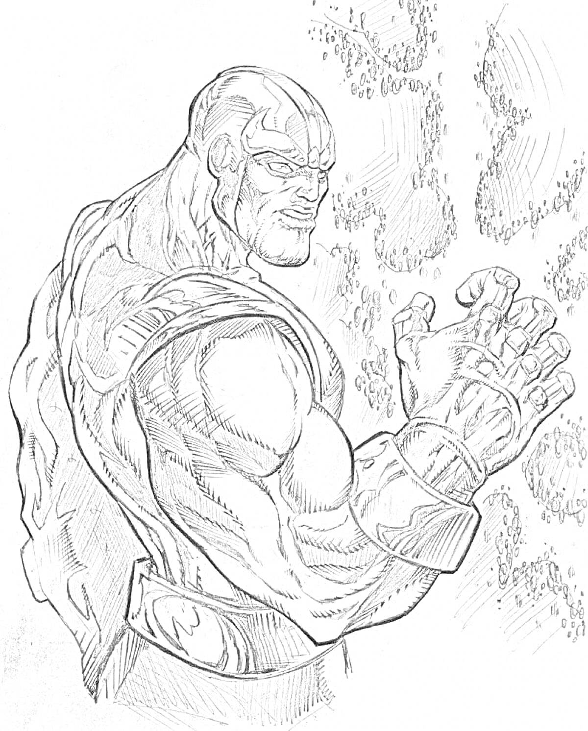 Раскраска Танос стоит с поднятыми кулаками, вид сбоку, мышцы напряжены, детали на фоне
