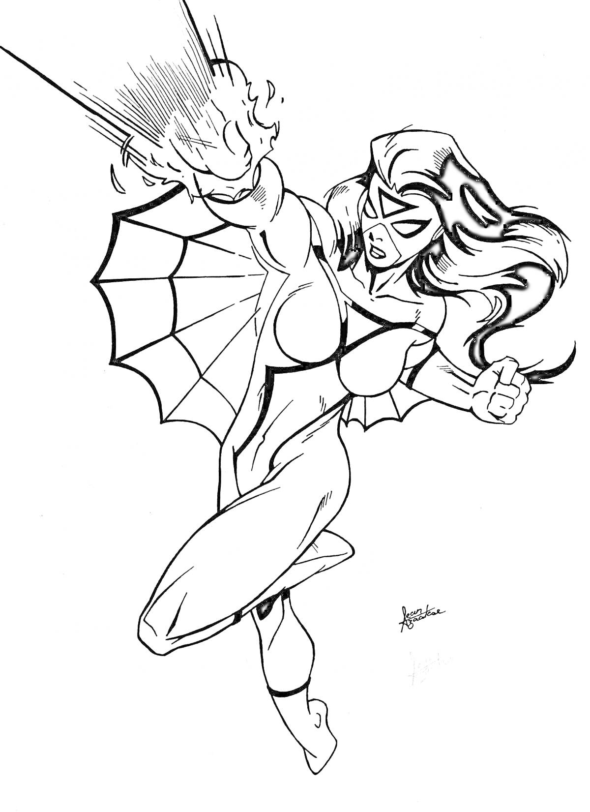 Раскраска женщина паук в костюме с паутиной на крыльях, волосы развиваются, поза в прыжке, вытянутый пылающий кулак