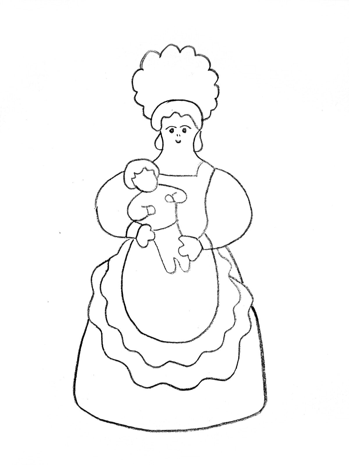 На раскраске изображено: Дымковская игрушка, Барышня, Кукла, Традиционная кукла, Народное искусство, Для детей, Шаблоны, Творчество
