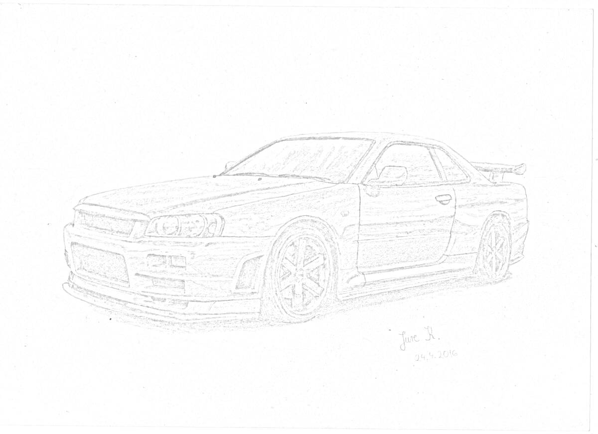 Nissan Skyline R34 с аэродинамическим обвесом, колёсами, окнами и спойлером