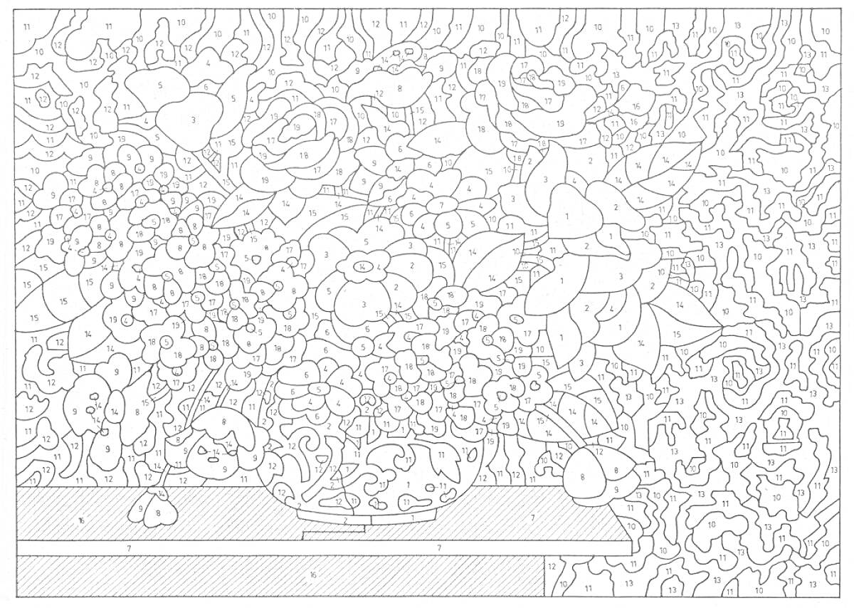 На раскраске изображено: По номерам, Цветы, Стол, Листья, Абстракция, Букет цветов