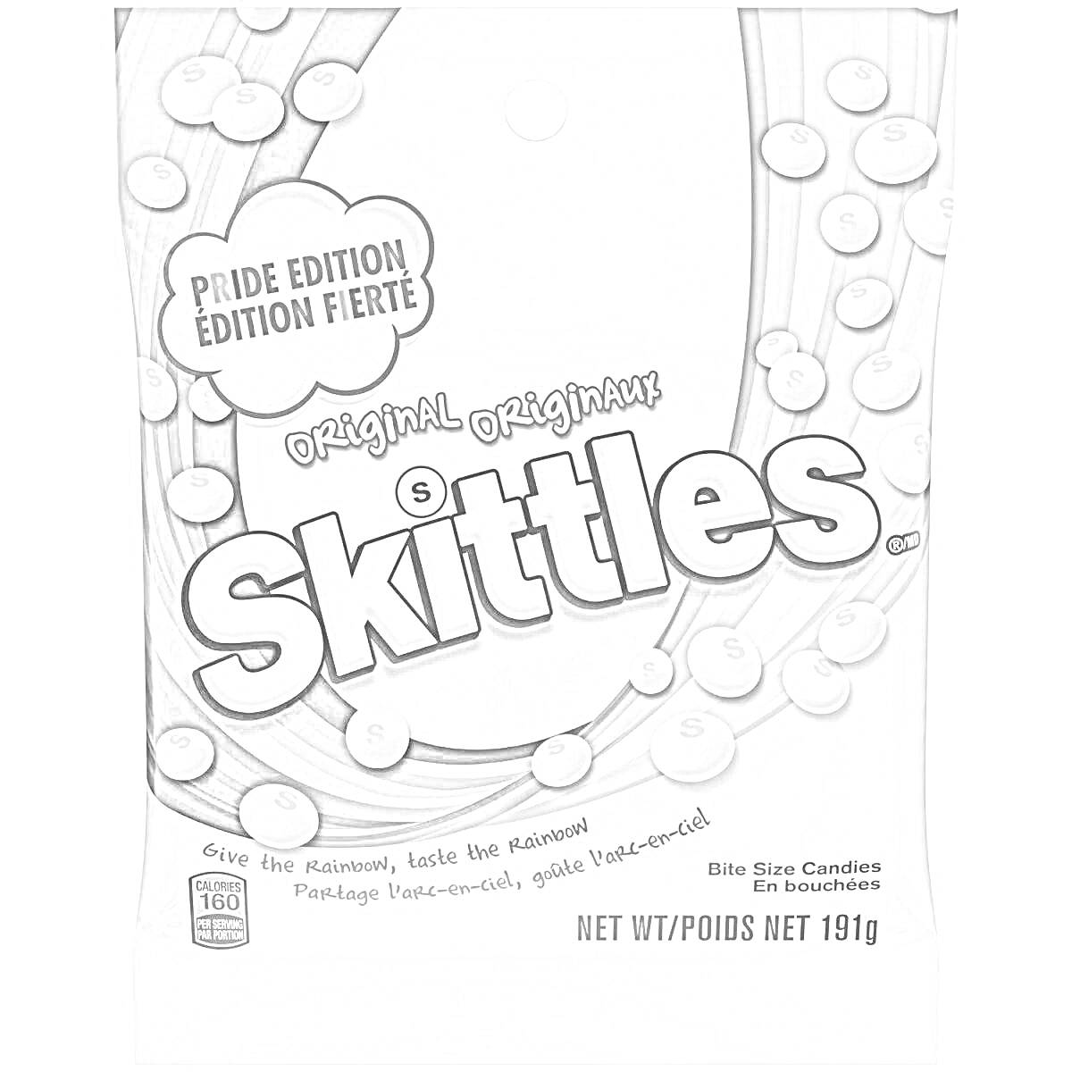 На раскраске изображено: Skittles, Конфеты, Упаковка, Закуски, Сладости