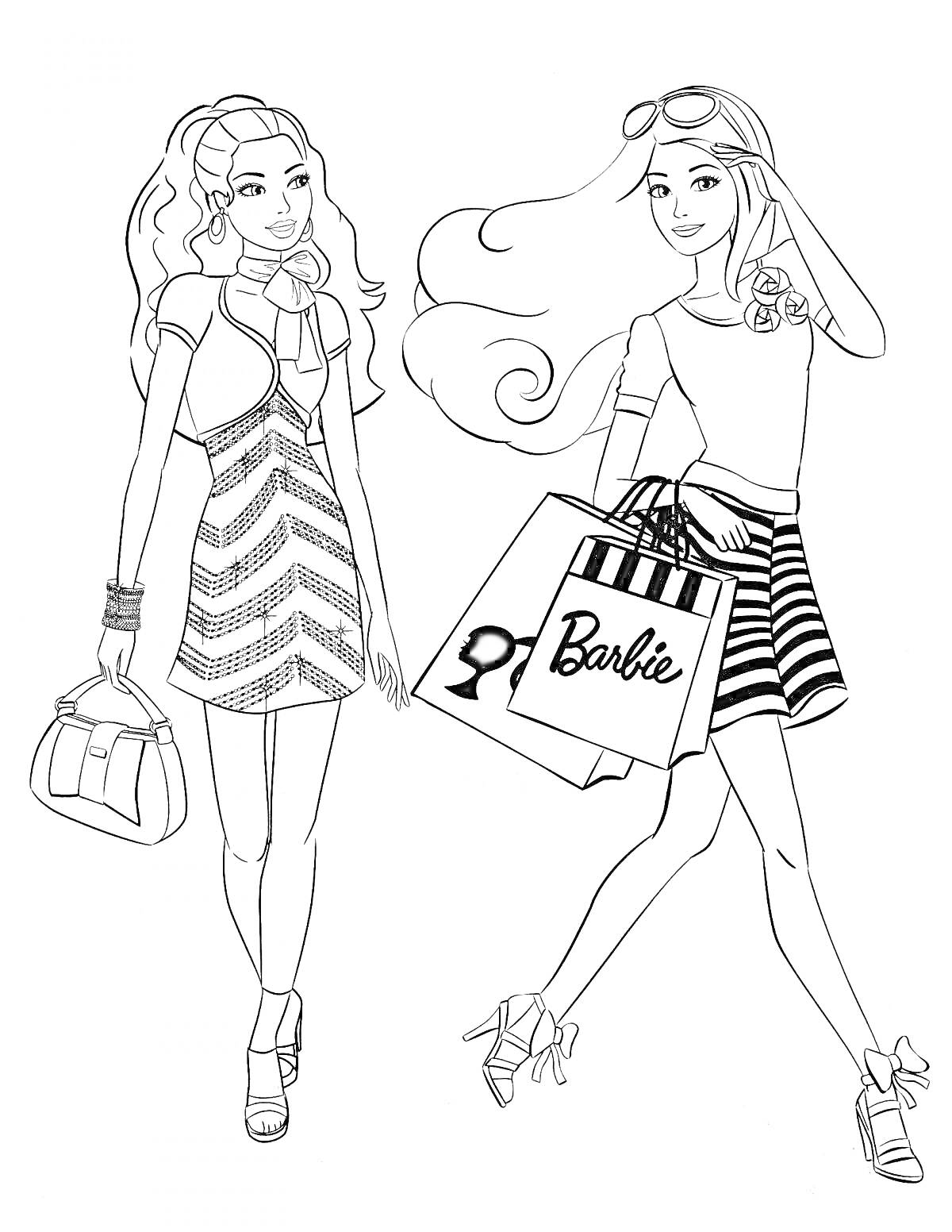 На раскраске изображено: Барби, Шопинг, Мода, Высокие каблуки, Покупки, Очки, Кудрявые волосы, Длинные волосы