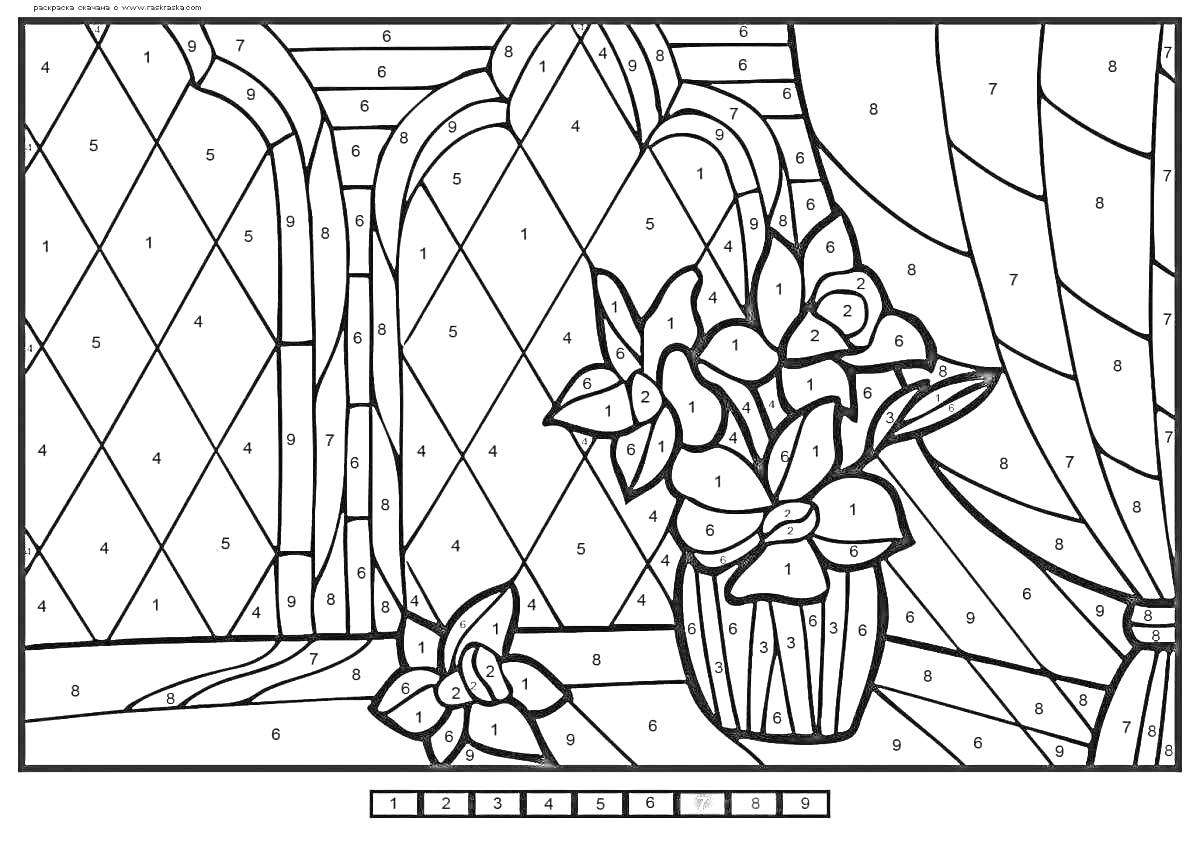 Раскраска Цветы в вазе на фоне оконного витража