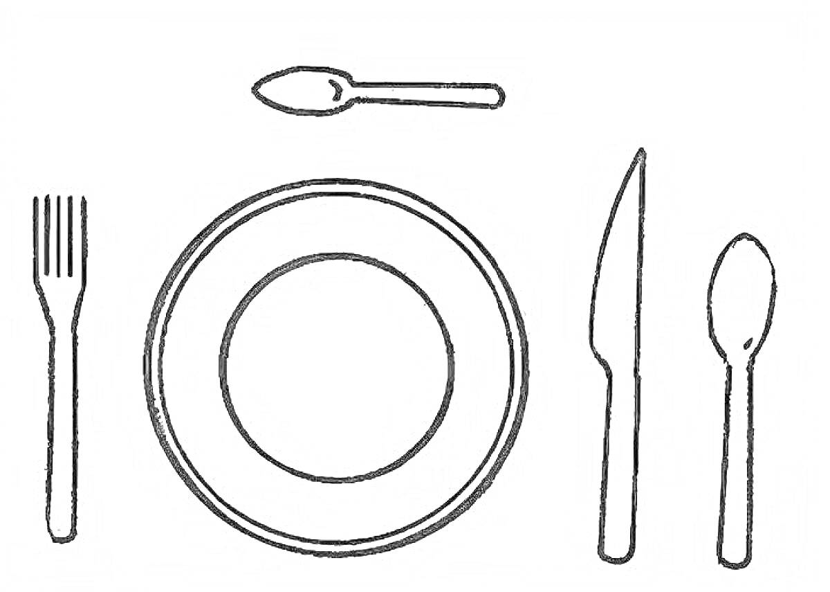 На раскраске изображено: Сервировка стола, Тарелка, Вилка, Нож, Ложка, Приборы, Столовые приборы, Еда