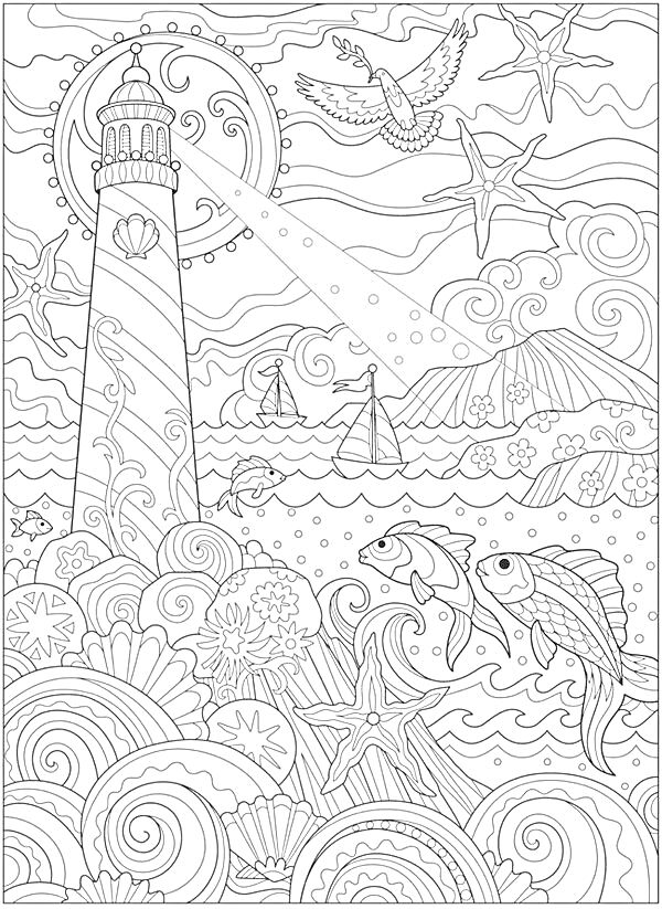 Раскраска Маяк с морской фауной и парусниками