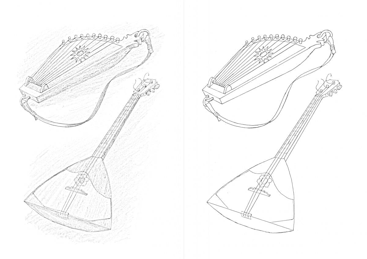 Раскраска Гусли и балалайка, у каждого инструмента изображены четыре набора струн и корпус
