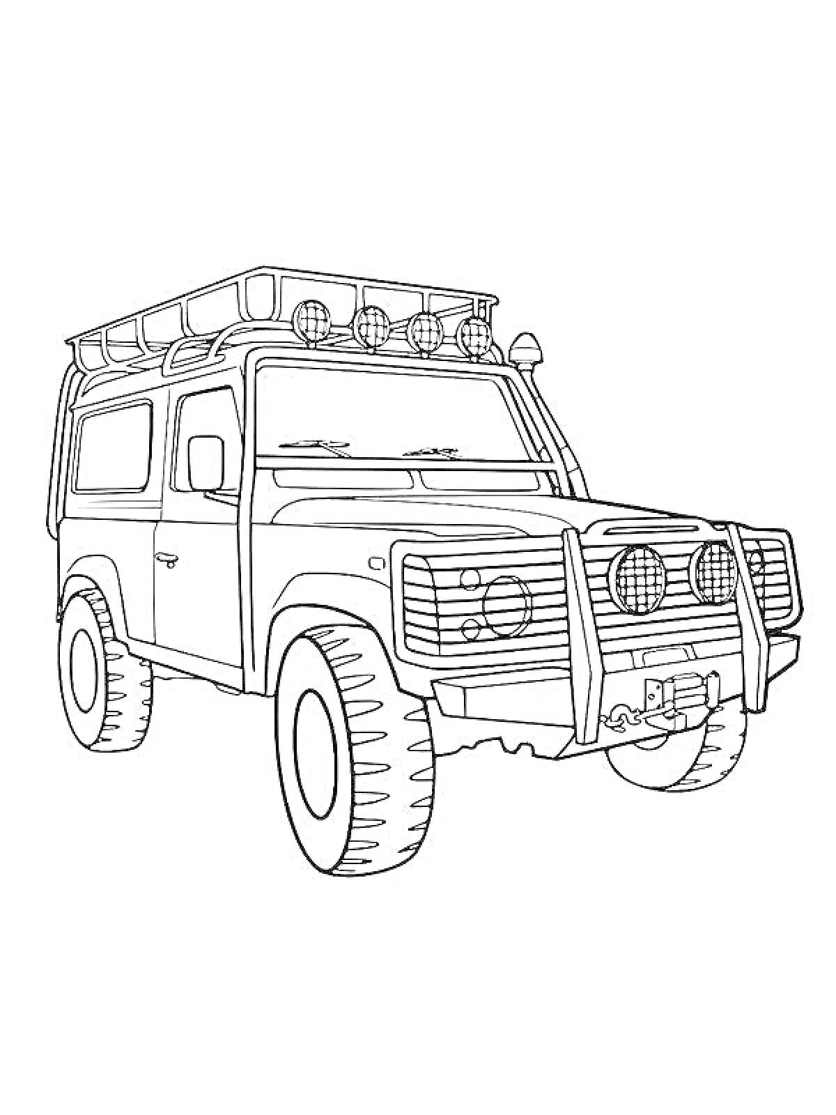 Раскраска Военный джип с фарами на крыше, решеткой радиатора и запасным колесом на задней двери