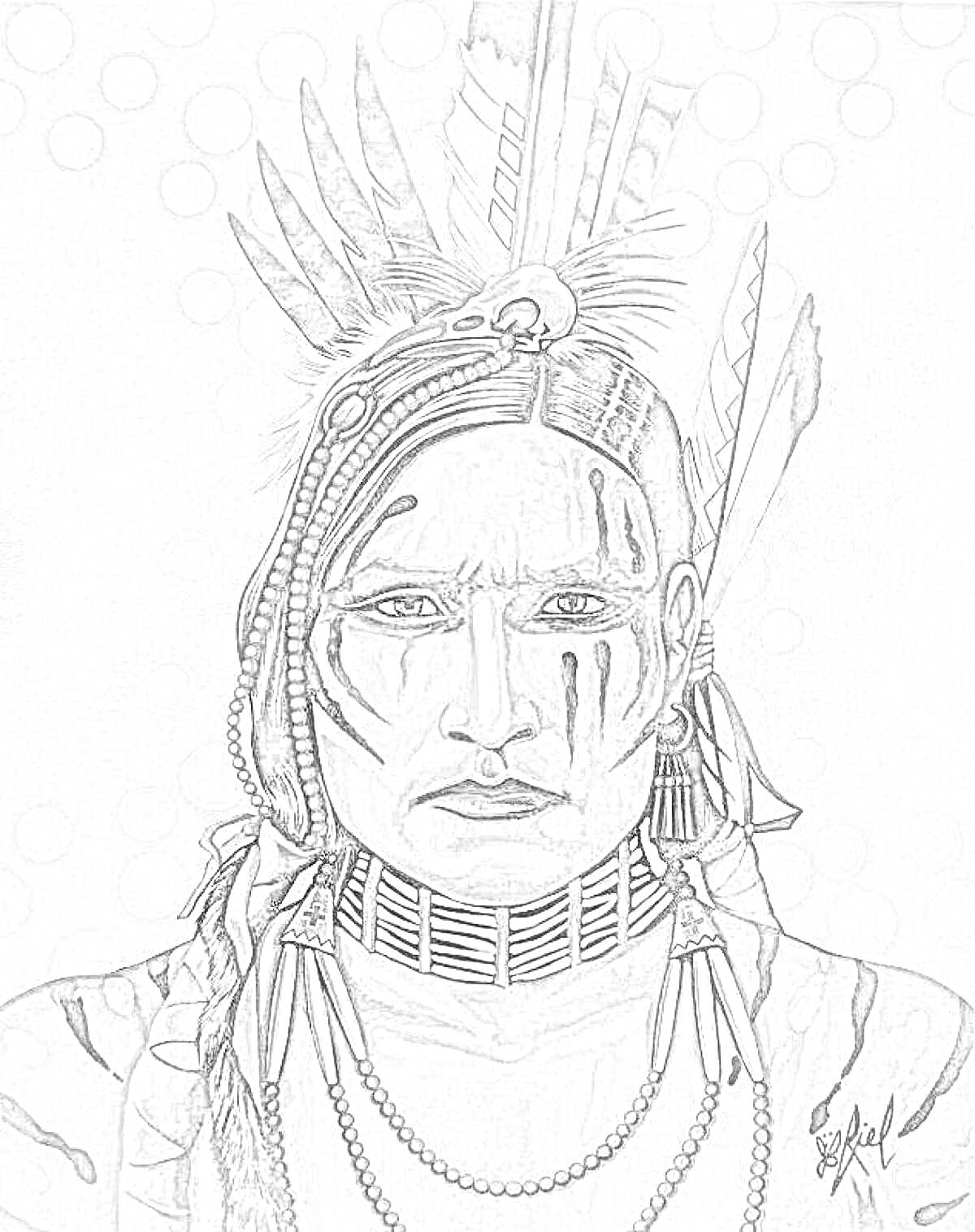 Раскраска Портрет индейца с боевой раскраской на лице и головным убором с перьями, на шее украшения из костей и бус