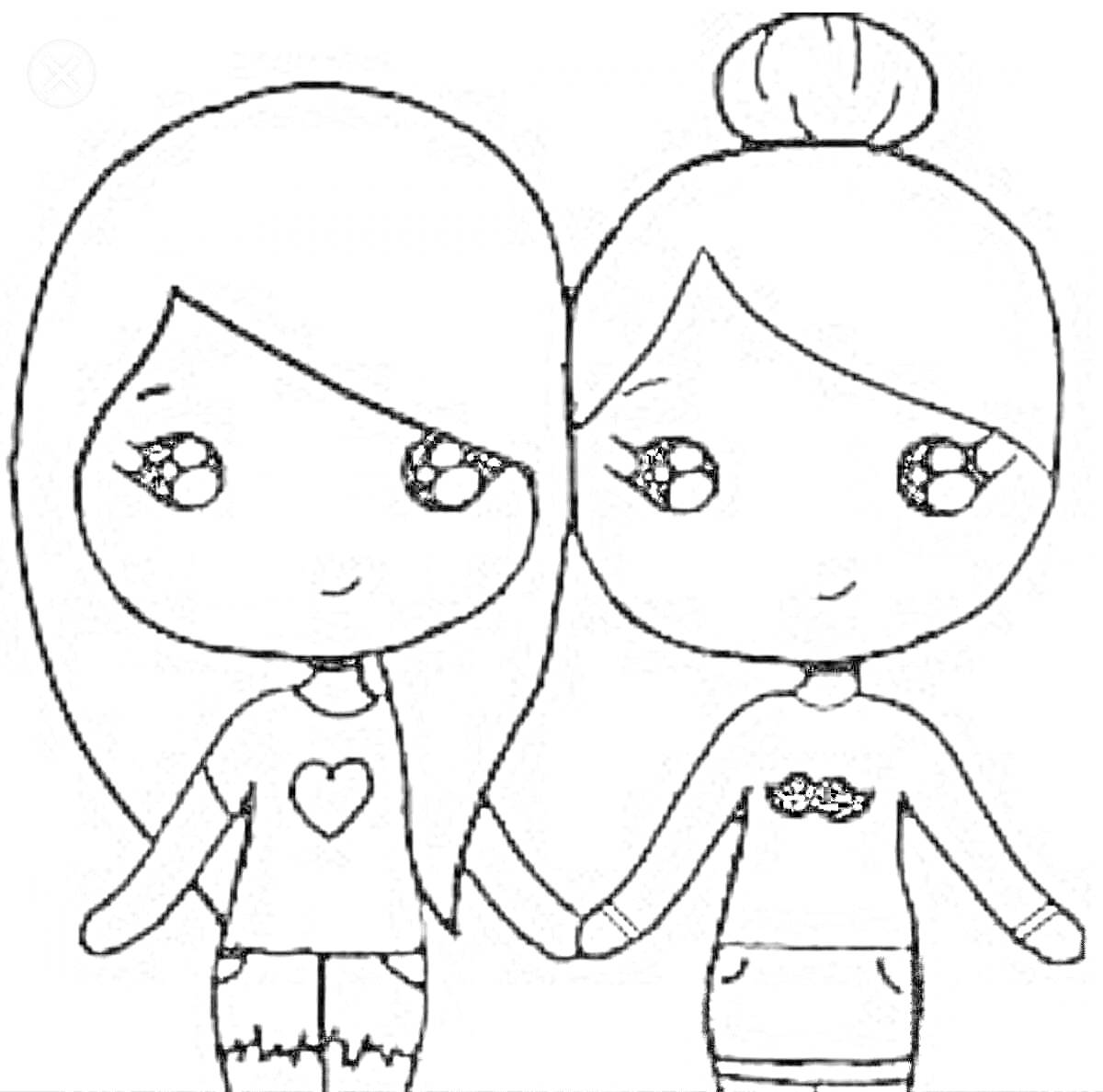 Раскраска Две подруги, держась за руки, одна с распущенными волосами в свитере с сердечком и шортах, другая с собранными волосами в кофте с усами и юбке
