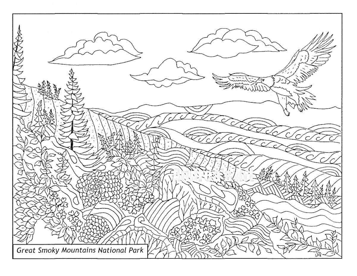 На раскраске изображено: Горы, Деревья, Облака, Орел, Обрыв, Скалы, Природа, Пейзаж