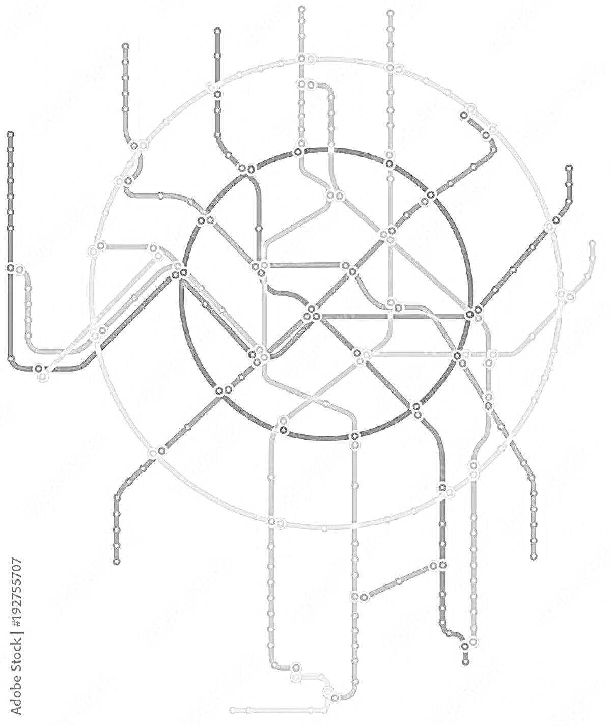 Раскраска Схема метро с кольцевыми и радиальными линиями, цветные элементы отсутствуют