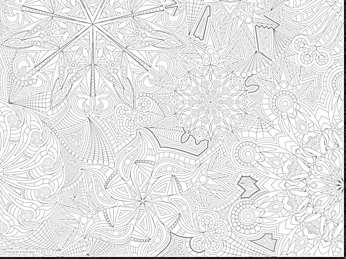 Раскраска Абстрактные узоры с геометрическими и природными элементами, включая многоугольники, звёзды и завихрения