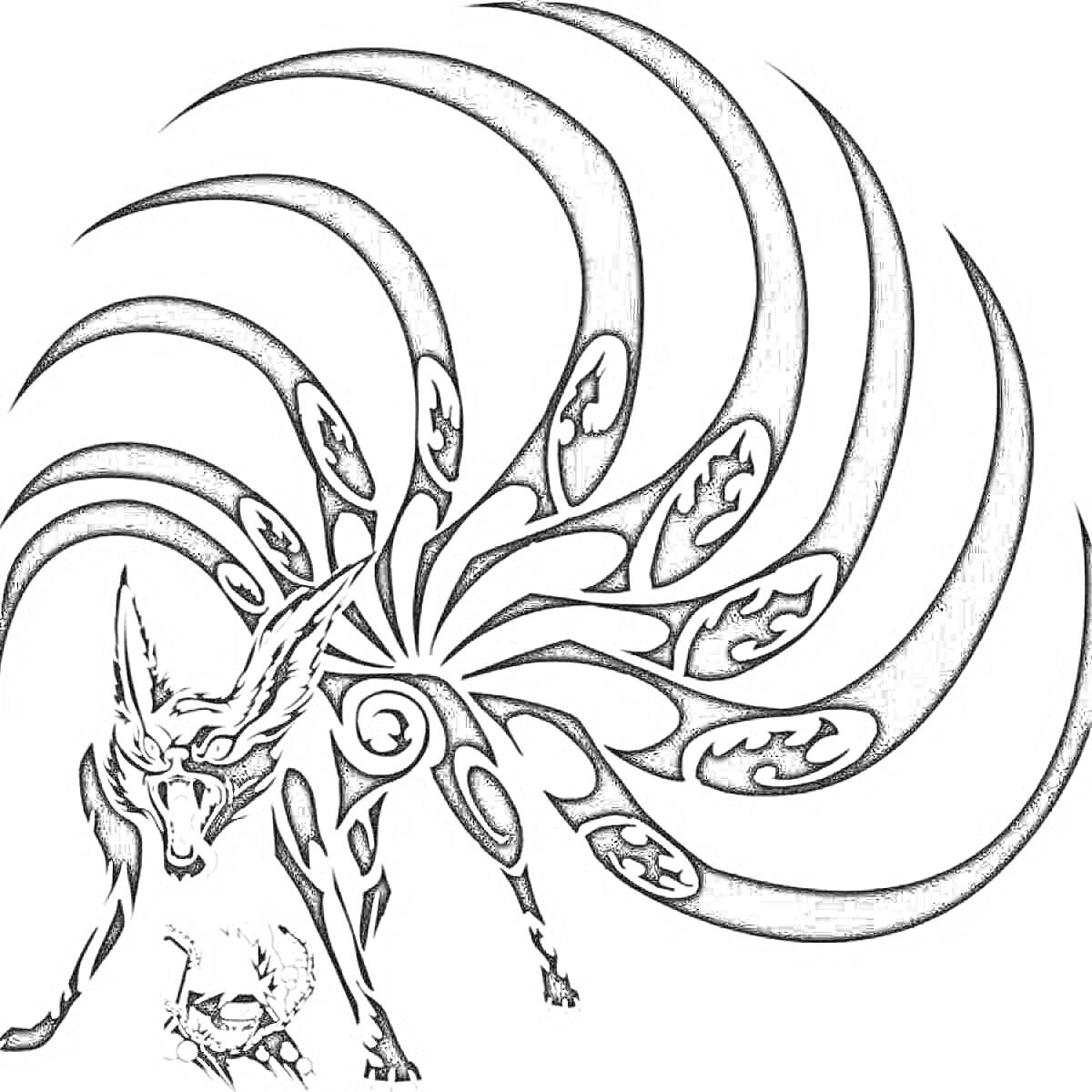 Раскраска Девятихвостый лис с украшенными хвостами, в центре которого находится человек с мечом