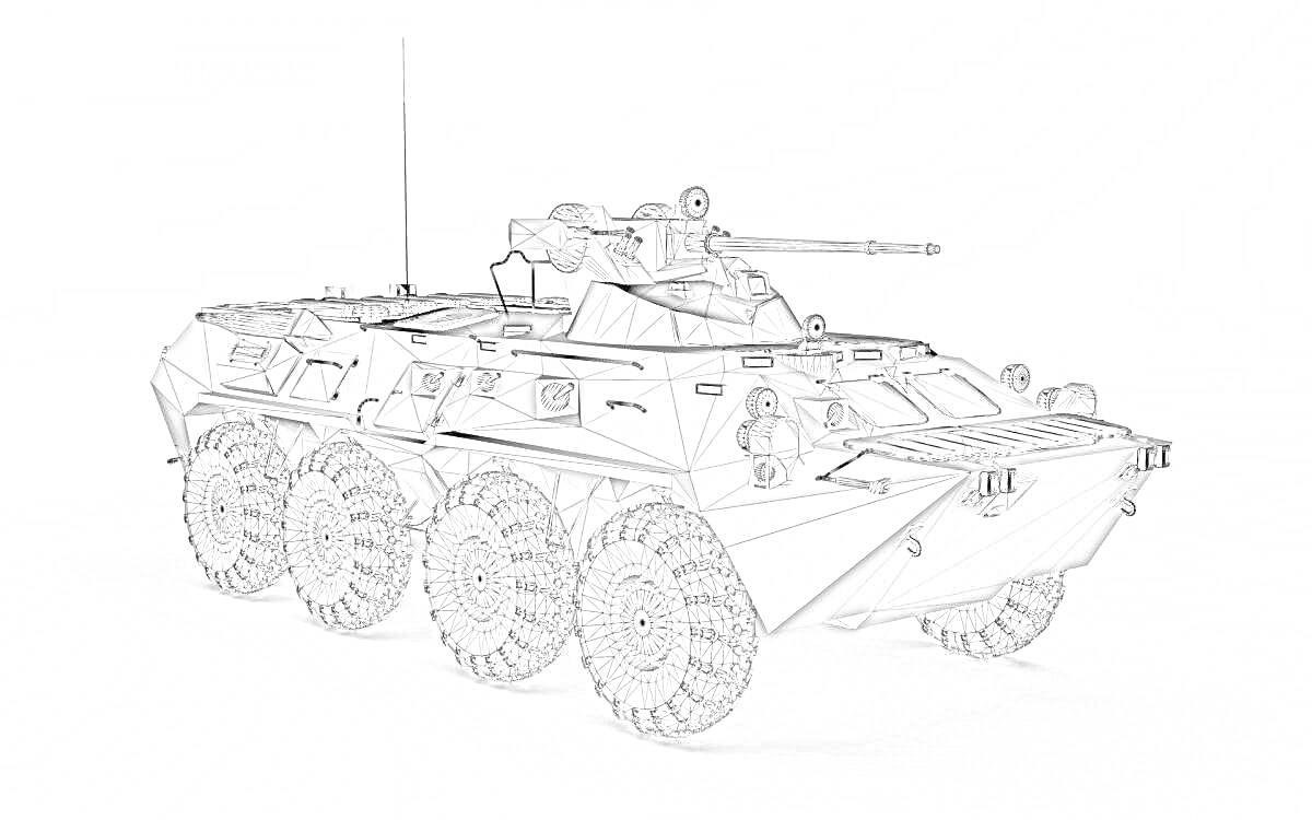 На раскраске изображено: БТР-80, Бронетранспортер, Военная техника, Пушка, Люки, Колёса