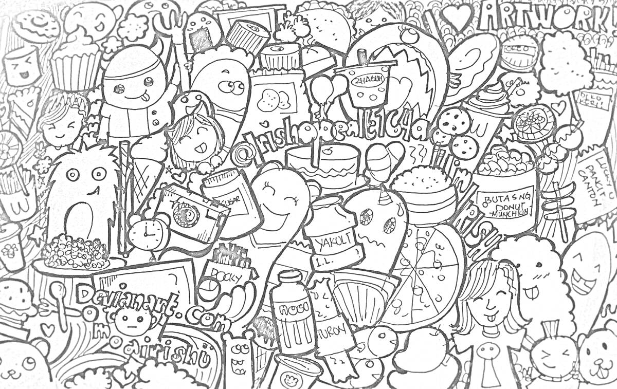 Раскраска Скетчбук - еда, люди, животные, алкоголь, сладости, мультяшные персонажи, арбузы, овощи, грибы, холодильник, напитки, камера