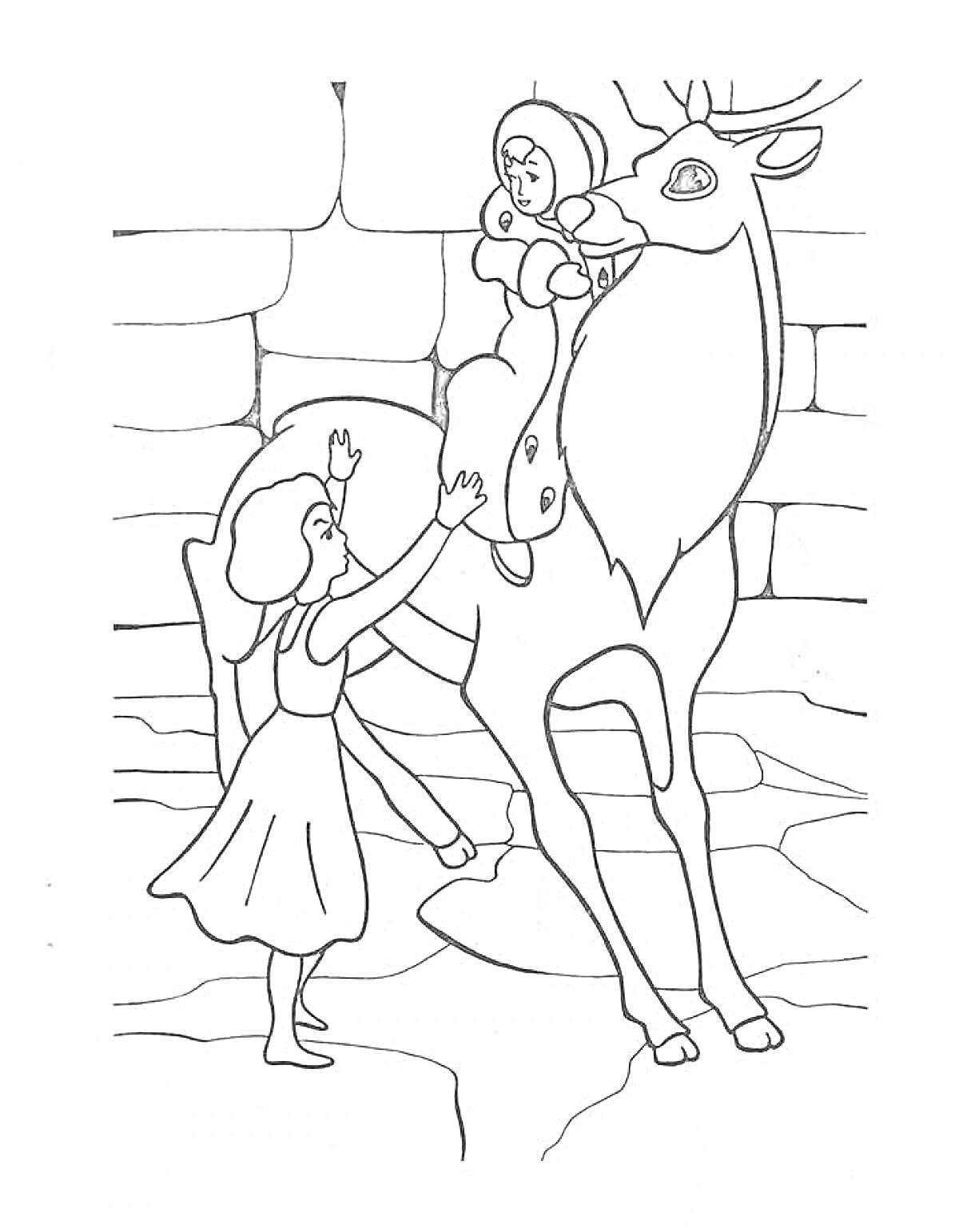 Раскраска Девочка, помогающая подняться другой девочке на большого северного оленя у каменной стены