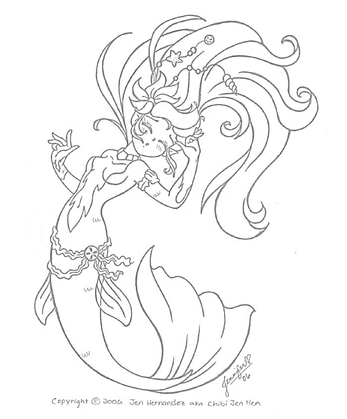 На раскраске изображено: Аниме, Русалка, Длинные волосы, Цветы, Женский персонаж, Хвост, Подводный мир