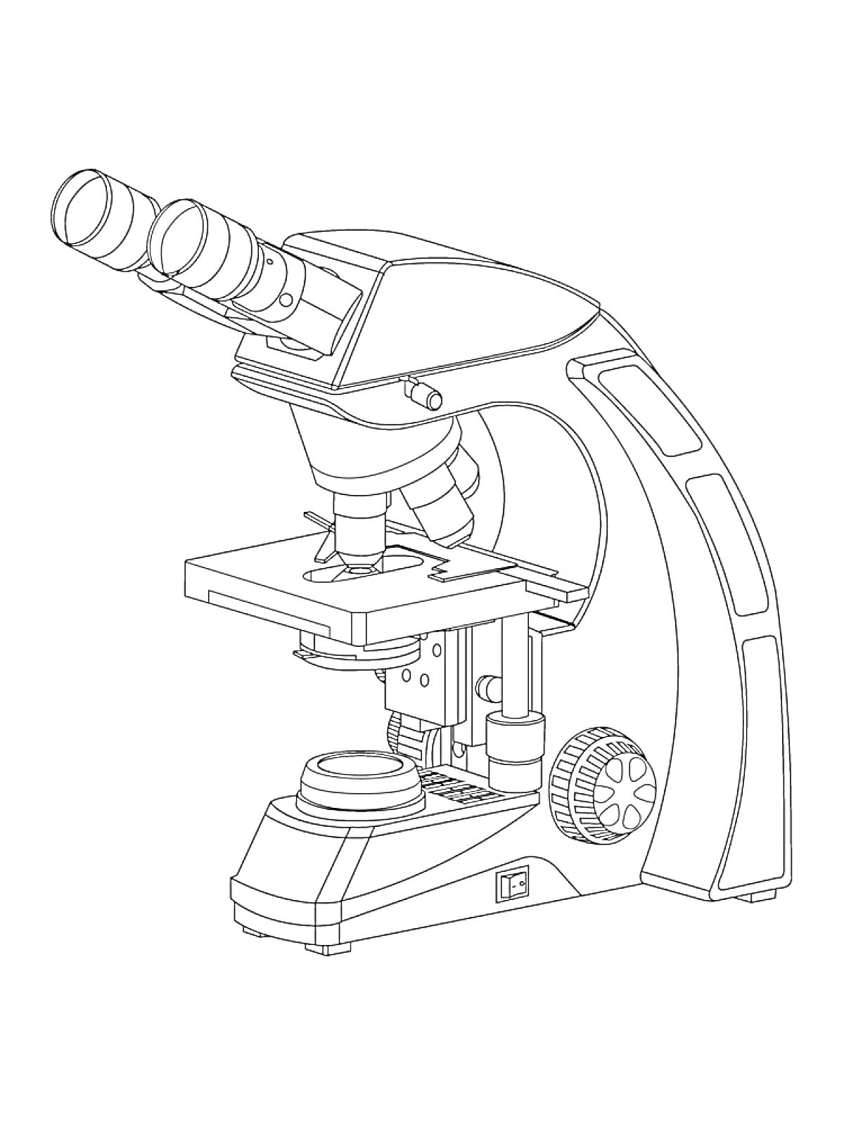Раскраска Микроскоп с окулярами, предметным столиком, объективами и фокусировочным колесом