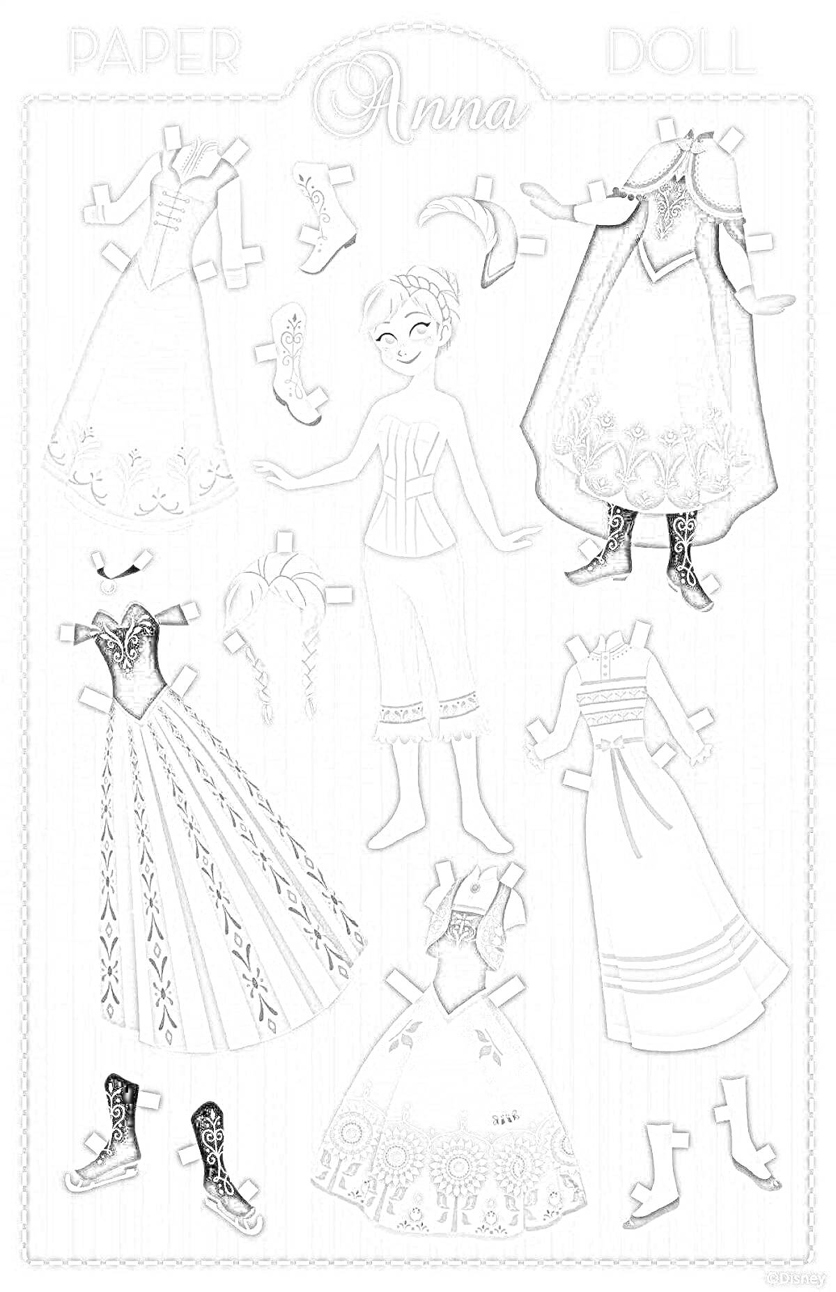 На раскраске изображено: Бумажная кукла, Анна, Одежда для вырезания, Платье, Ботинки, Туфли, Шапка