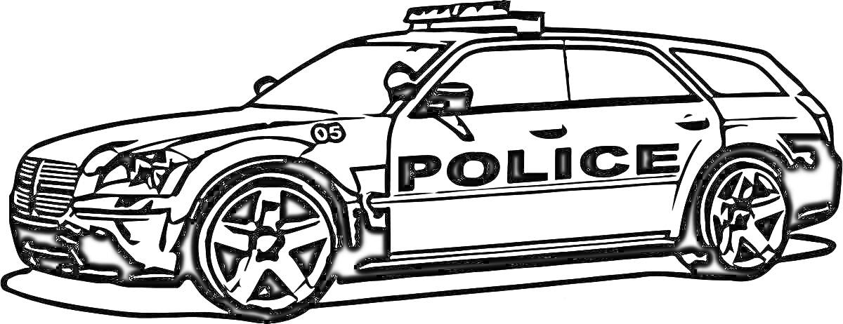 На раскраске изображено: Полицейский автомобиль, Проблесковые маячки, Полиция, Транспорт, Служебный автомобиль, Бмв