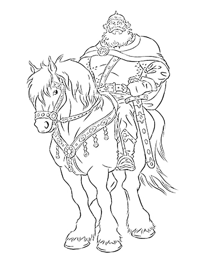 На раскраске изображено: Богатырь, Доспехи, Конь, Оружие, Средневековье, Лошадь