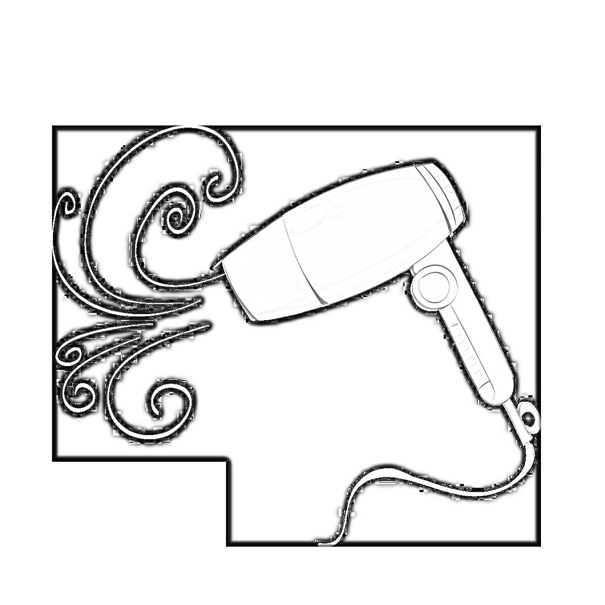 На раскраске изображено: Фен, Электрический прибор, Волосы, Воздух, Узоры