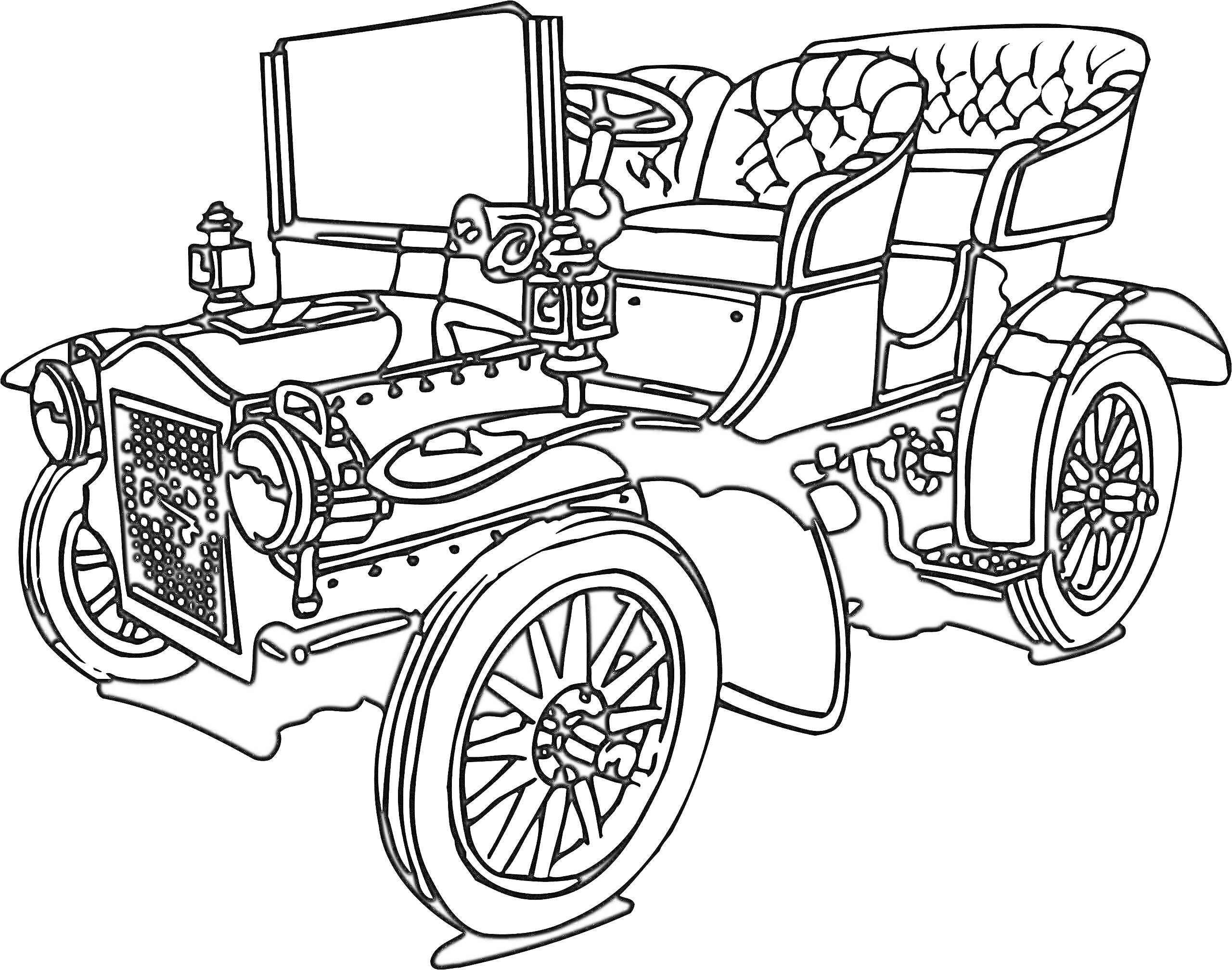 Ретро автомобиль с открытым верхом, два сиденья, передние и задние колеса, руль, декоративные элементы на капоте
