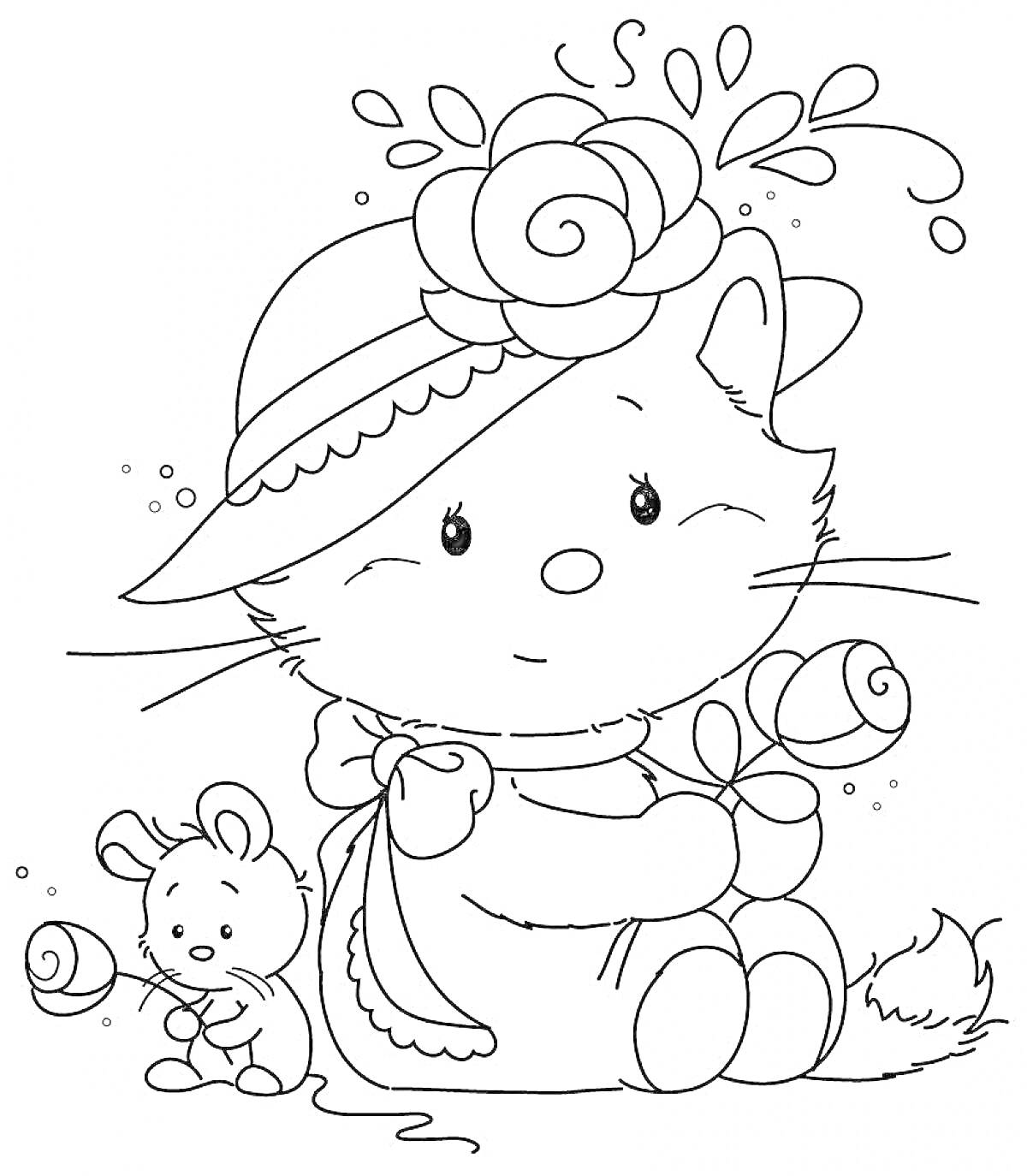 Раскраска котик басик в шляпе с цветком, с мышкой и розами