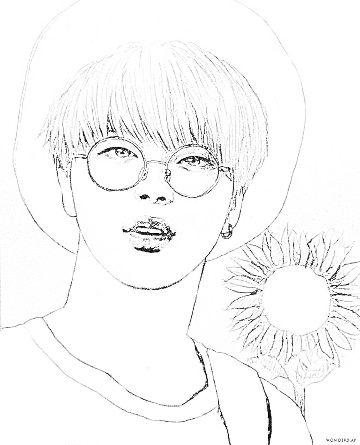 Портрет участника BTS в очках и шляпе с подсолнухом на фоне