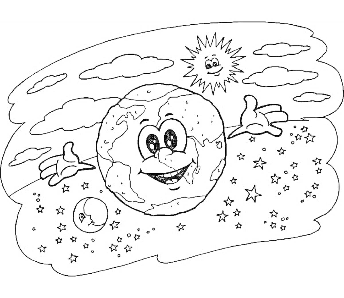 На раскраске изображено: Земля, Космос, Звезды, Луна, Солнце, Облака, Для детей, Планеты, Мультяшные лица