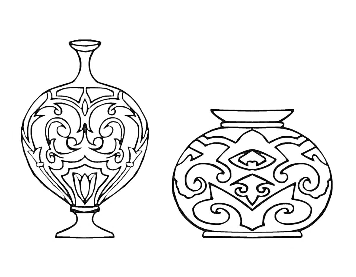 Раскраска Две вазы с орнаментом в виде завитков и узоров
