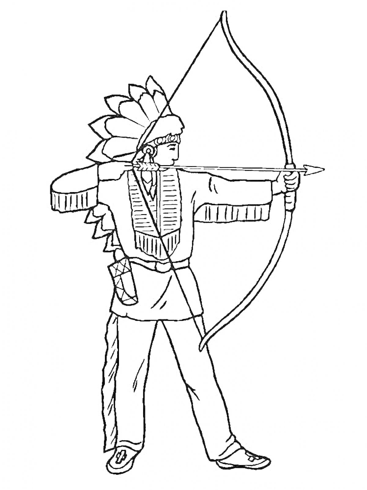 На раскраске изображено: Человек, Лук, Стрела, Костюм, Традиционная одежда, Перья, Стрельба, Индейцы