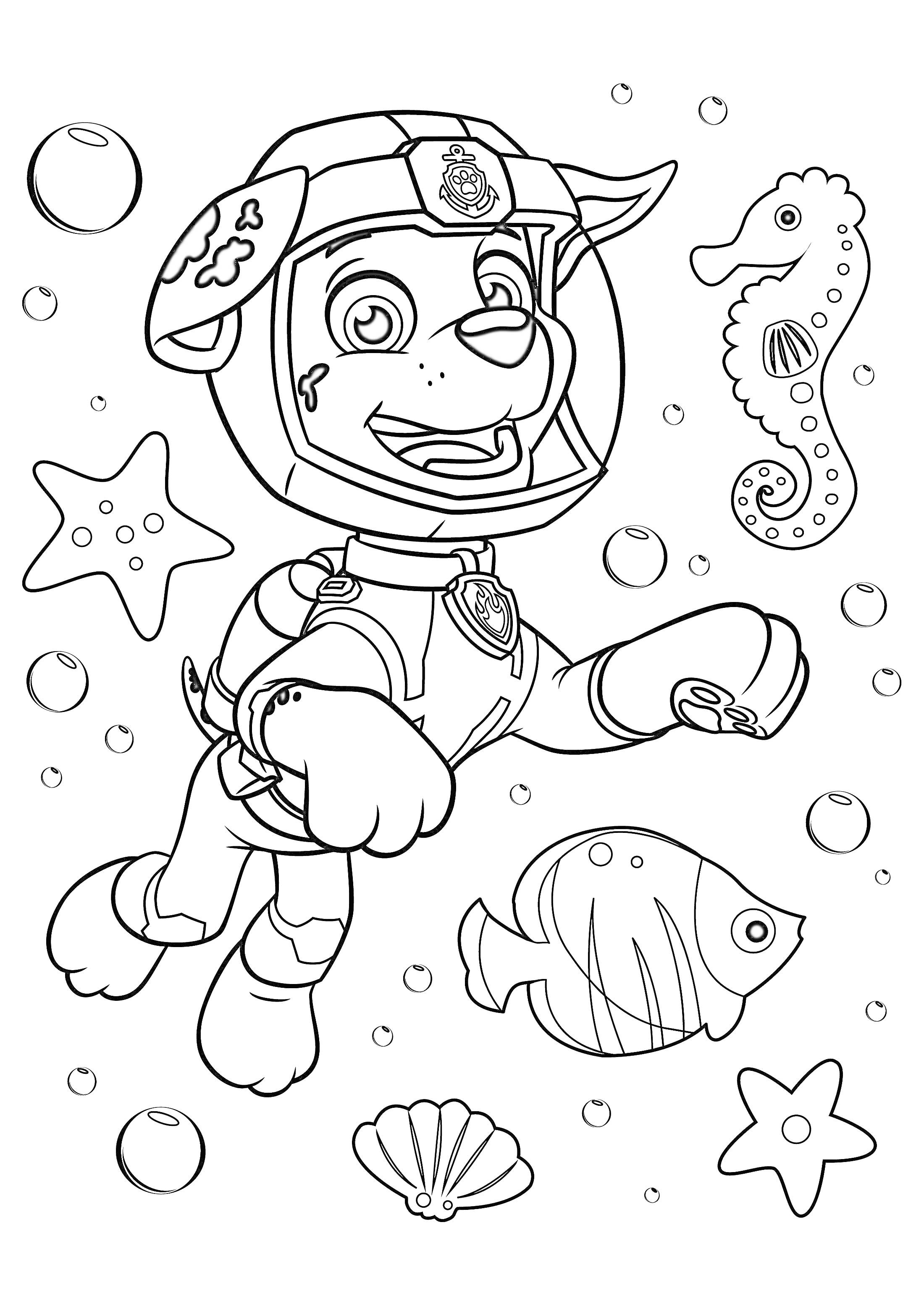 Раскраска Щенячий Патруль под водой: щенок в шлеме, морская звезда, рыба, морской конек, пузырьки, ракушка